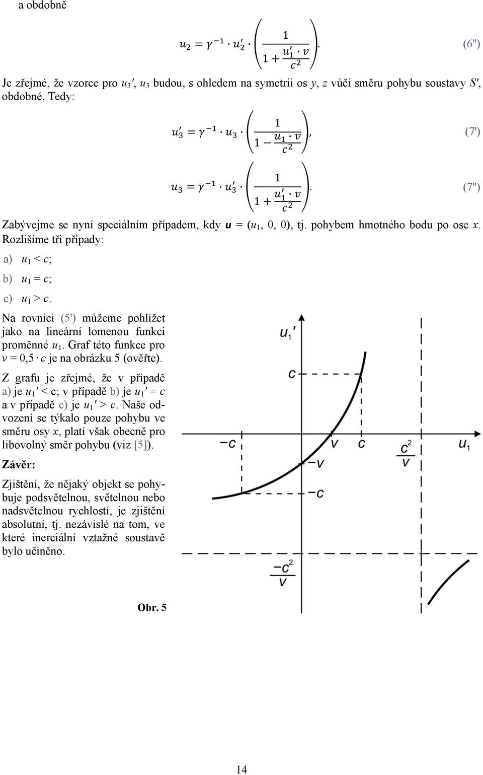 Na rovnici (5') můžeme pohlížet jako na lineární lomenou funkci proměnné u 1. Graf této funkce pro v = 0,5 c je na obrázku 5 (ověřte).