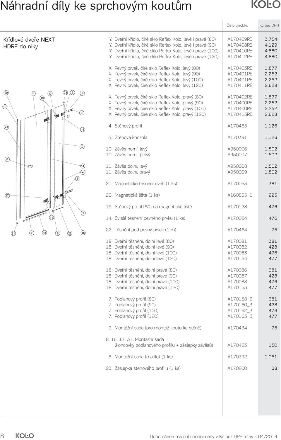 Pevný prvek, čiré sklo Reflex Kolo, levý (90) A170401RE X. Pevný prvek, čiré sklo Reflex Kolo, levý (100) A170401RE X. Pevný prvek, čiré sklo Reflex Kolo, levý (120) A170411RE X.