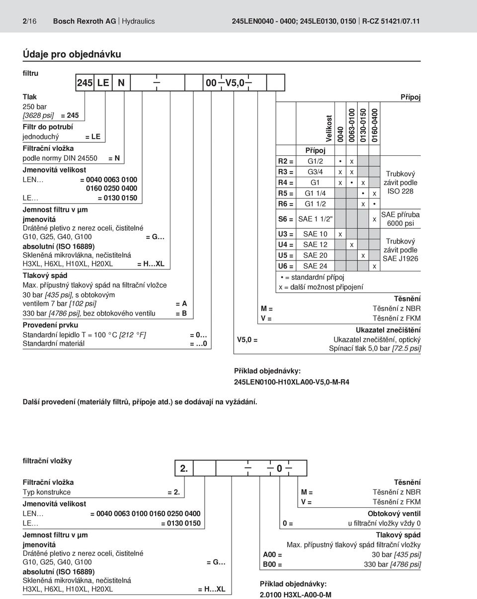 Jemnost filtru v µm jmenovitá Drátěné pletivo z nerez oceli, čistitelné G1, G25, G4, G1 = G absolutní (ISO 16889) Skleněná mikrovlákna, nečistitelná H3XL, H6XL, H1XL, H2XL = H XL Tlakový spád Max.