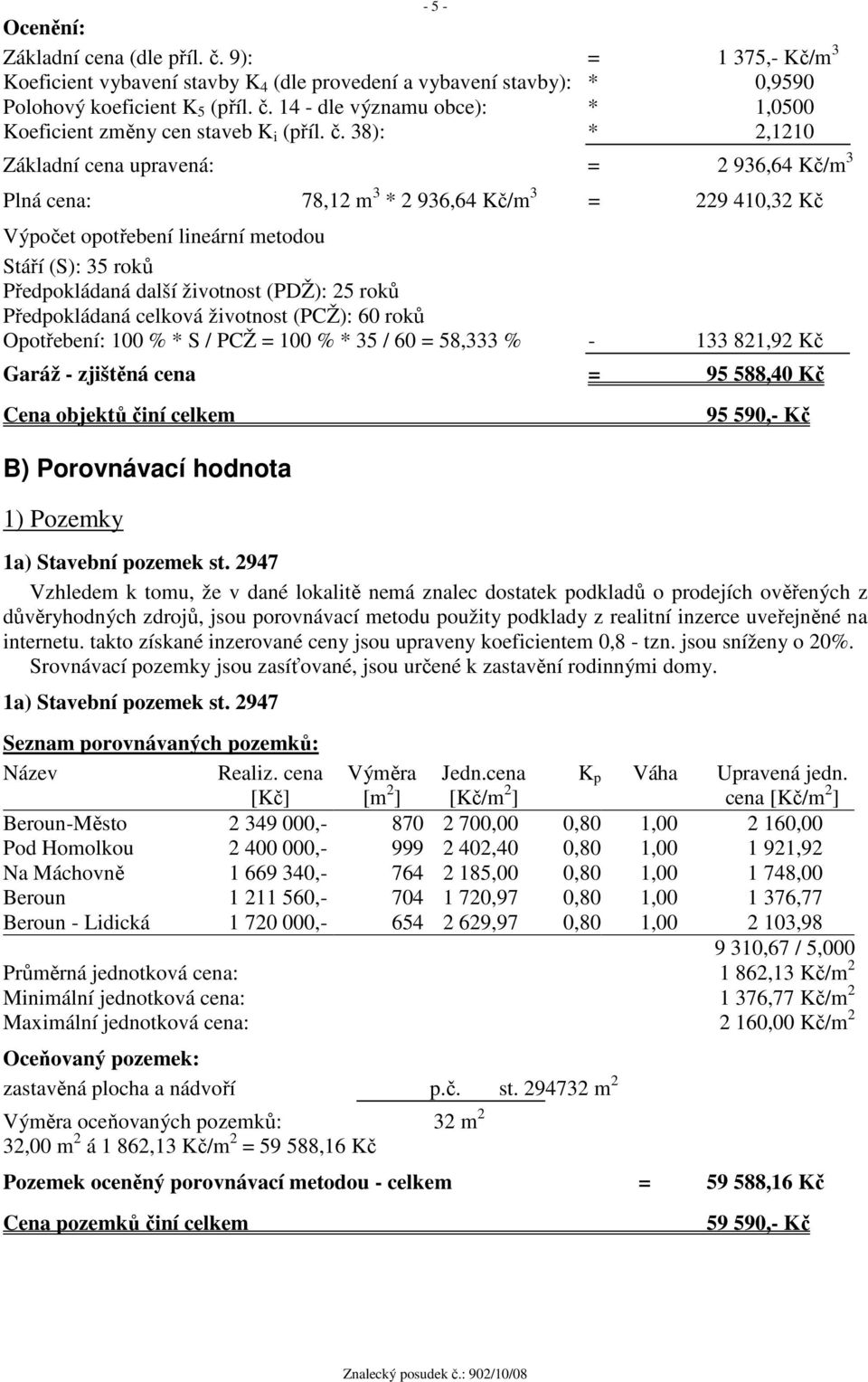 (PDŽ): 25 roků Předpokládaná celková životnost (PCŽ): 60 roků Opotřebení: 100 % * S / PCŽ = 100 % * 35 / 60 = 58,333 % - 133 821,92 Kč Garáž - zjištěná cena = 95 588,40 Kč Cena objektů činí celkem B)