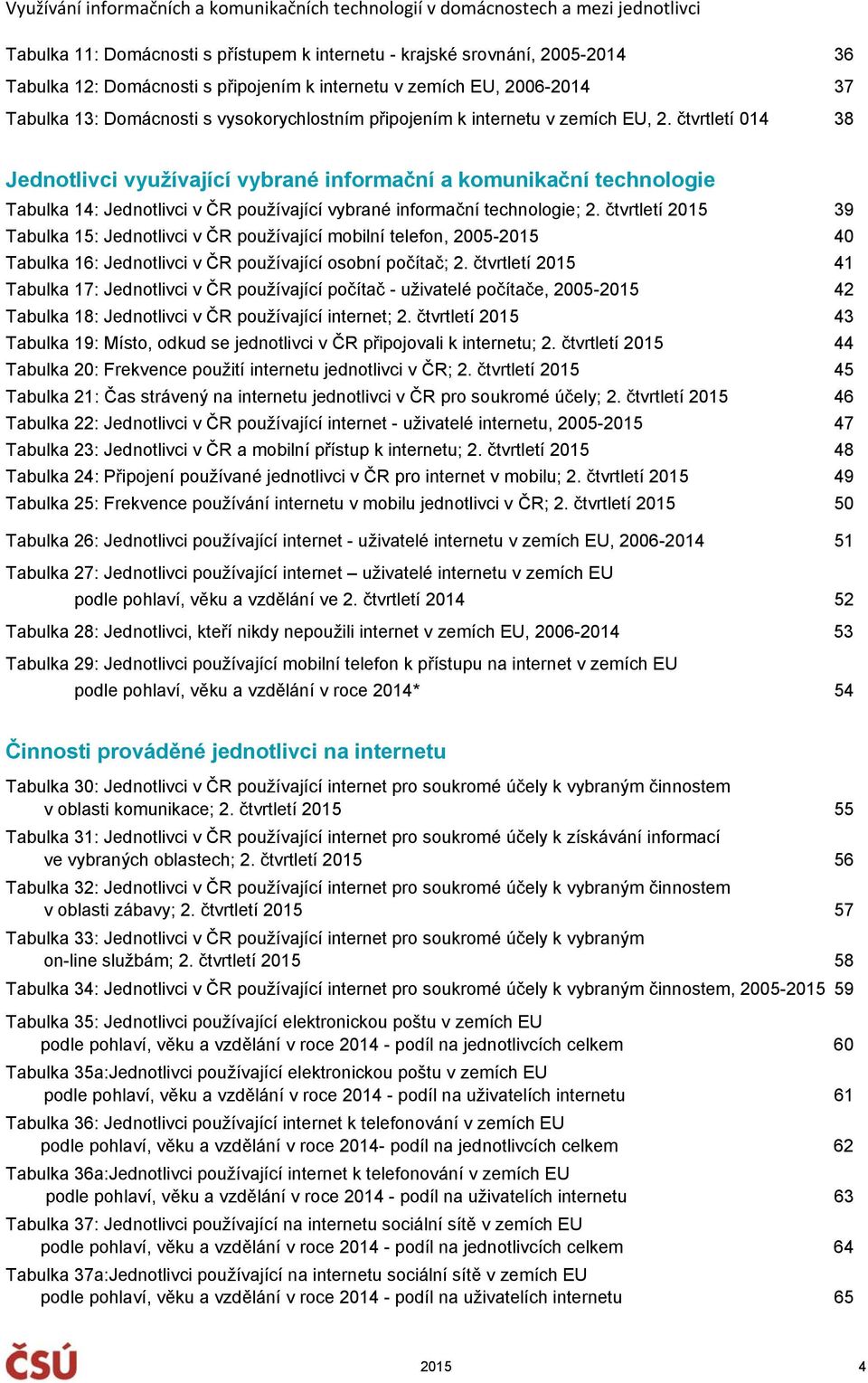 čtvrtletí 2015 39 Tabulka 15: Jednotlivci v ČR používající mobilní telefon, 2005-2015 40 Tabulka 16: Jednotlivci v ČR používající osobní počítač; 2.