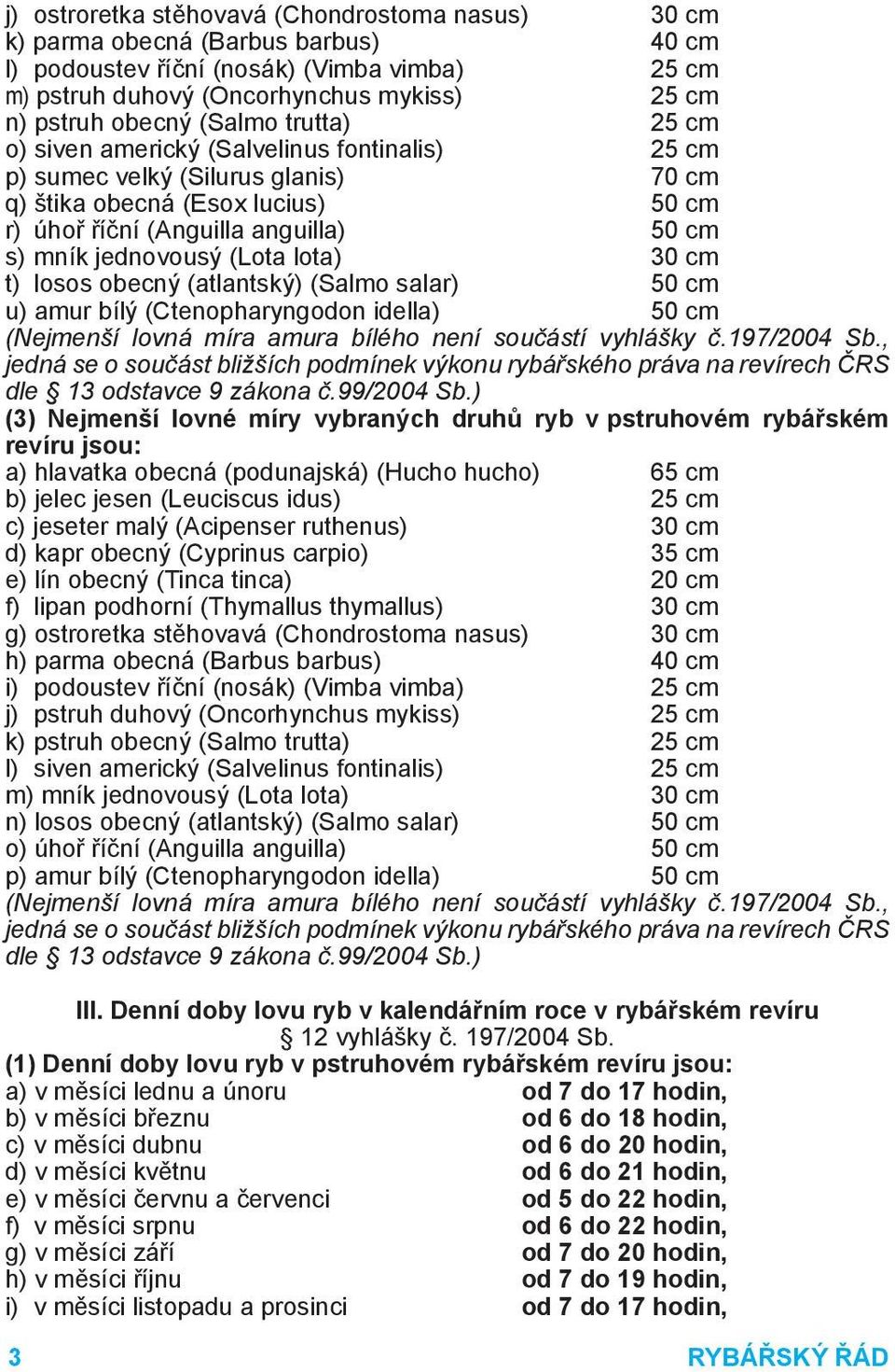 jednovousý (Lota lota) 30 cm t) losos obecný (atlantský) (Salmo salar) 50 cm u) amur bílý (Ctenopharyngodon idella) 50 cm (Nejmenší lovná míra amura bílého není součástí vyhlášky č.197/2004 Sb.