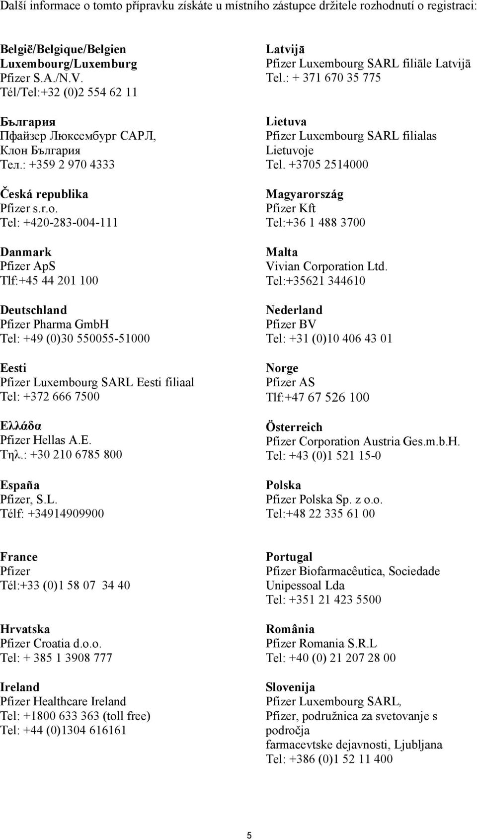 Tel: +420-283-004-111 Danmark Pfizer ApS Tlf:+45 44 201 100 Deutschland Pfizer Pharma GmbH Tel: +49 (0)30 550055-51000 Eesti Pfizer Luxembourg SARL Eesti filiaal Tel: +372 666 7500 Ελλάδα Pfizer