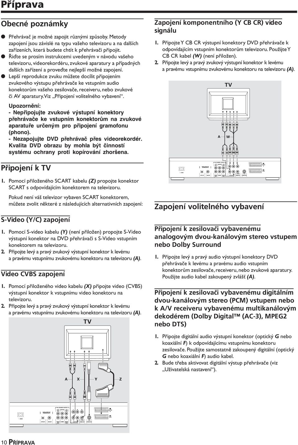 Lepší reprodukce zvuku můžete docílit připojením zvukového výstupu přehrávače ke vstupním audio konektorům vašeho zesilovače, receiveru, nebo zvukové či AV aparatury.