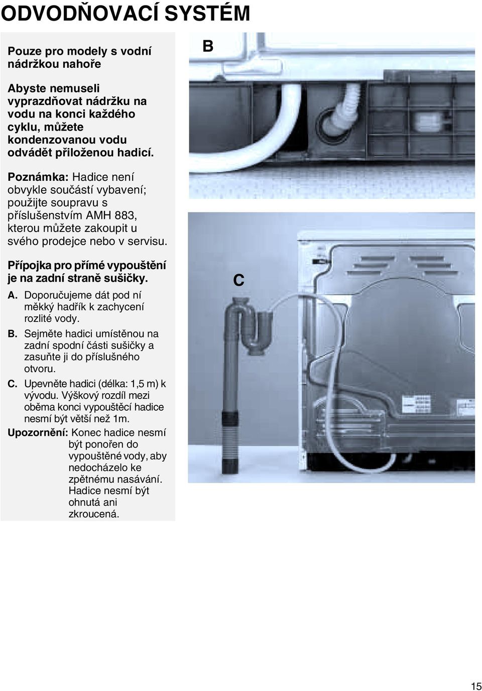 Přípojka pro přímé vypouštění je na zadní straně sušičky. A. Doporučujeme dát pod ní měkký hadřík k zachycení rozlité vody. B.