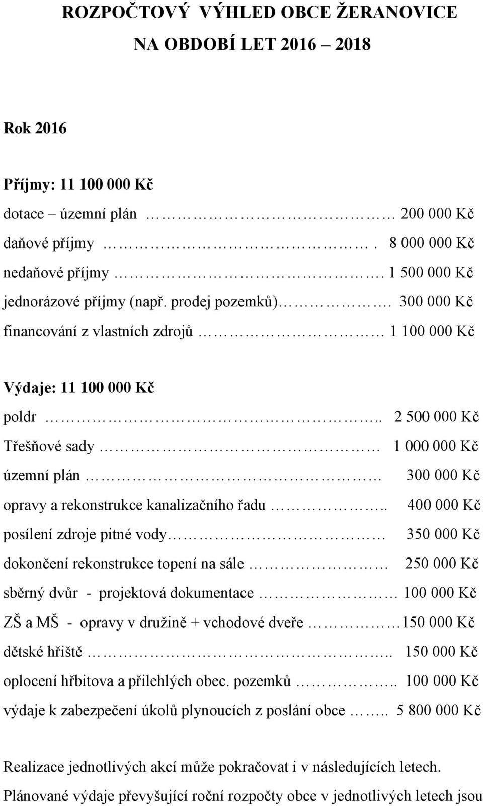 . 2 500 000 Kč Třešňové sady 1 000 000 Kč územní plán 300 000 Kč opravy a rekonstrukce kanalizačního řadu.