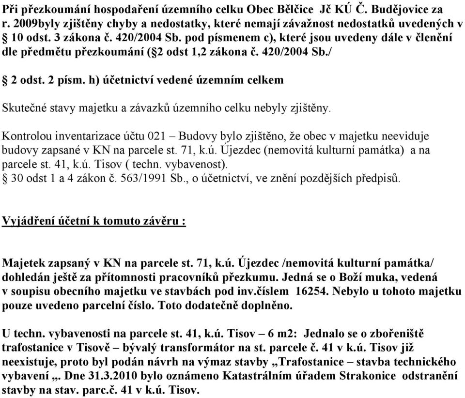 h) účetnictví vedené územním celkem Skutečné stavy majetku a závazků územního celku nebyly zjištěny.