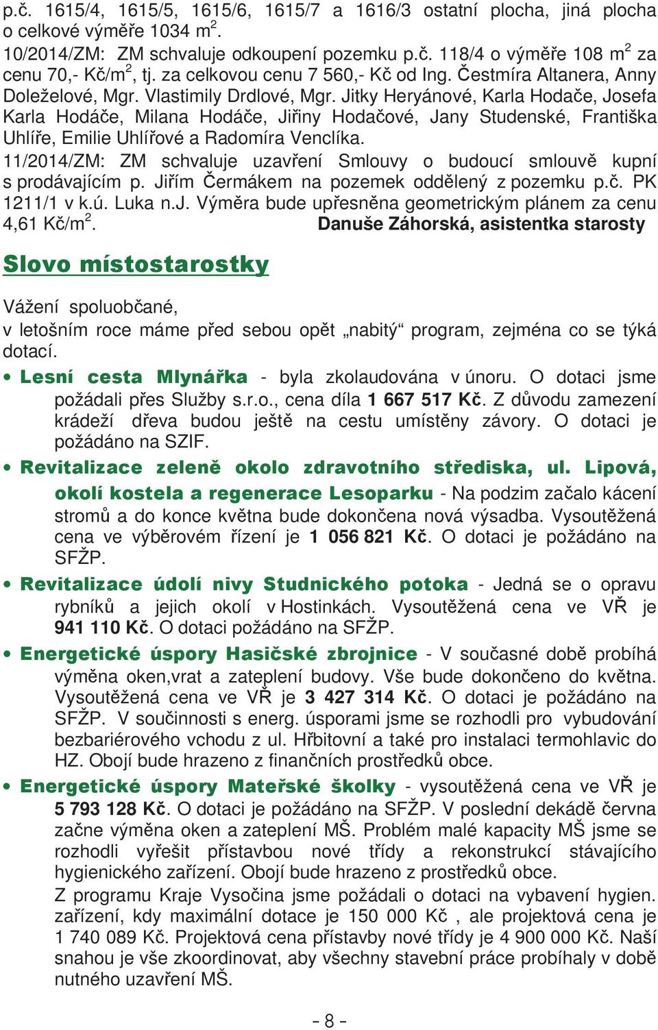 Jitky Heryánové, Karla Hodae, Josefa Karla Hodáe, Milana Hodáe, Jiiny Hodaové, Jany Studenské, Františka Uhlíe, Emilie Uhlíové a Radomíra Venclíka.