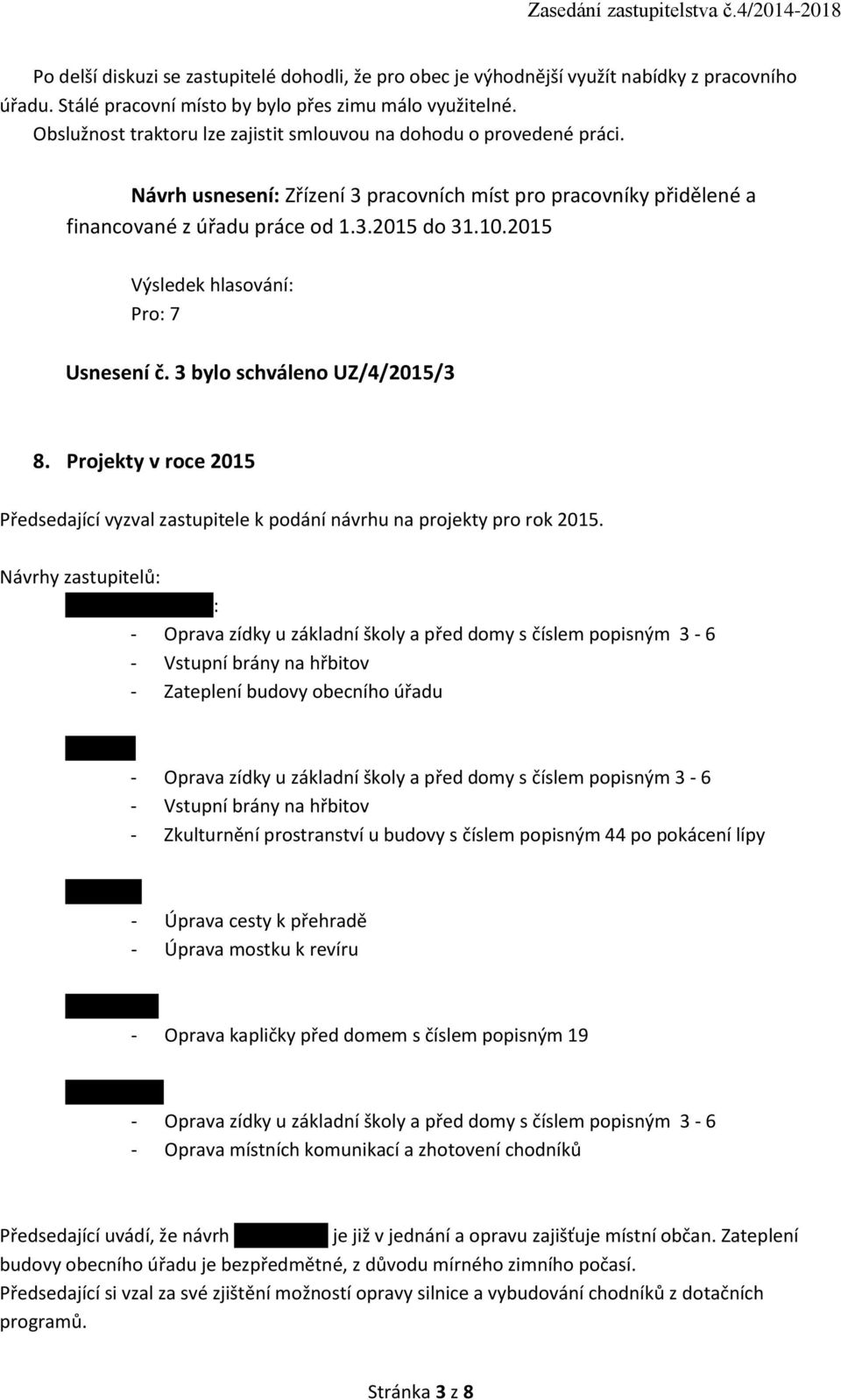 2015 Usnesení č. 3 bylo schváleno UZ/4/2015/3 8. Projekty v roce 2015 Předsedající vyzval zastupitele k podání návrhu na projekty pro rok 2015. Návrhy zastupitelů: pí.