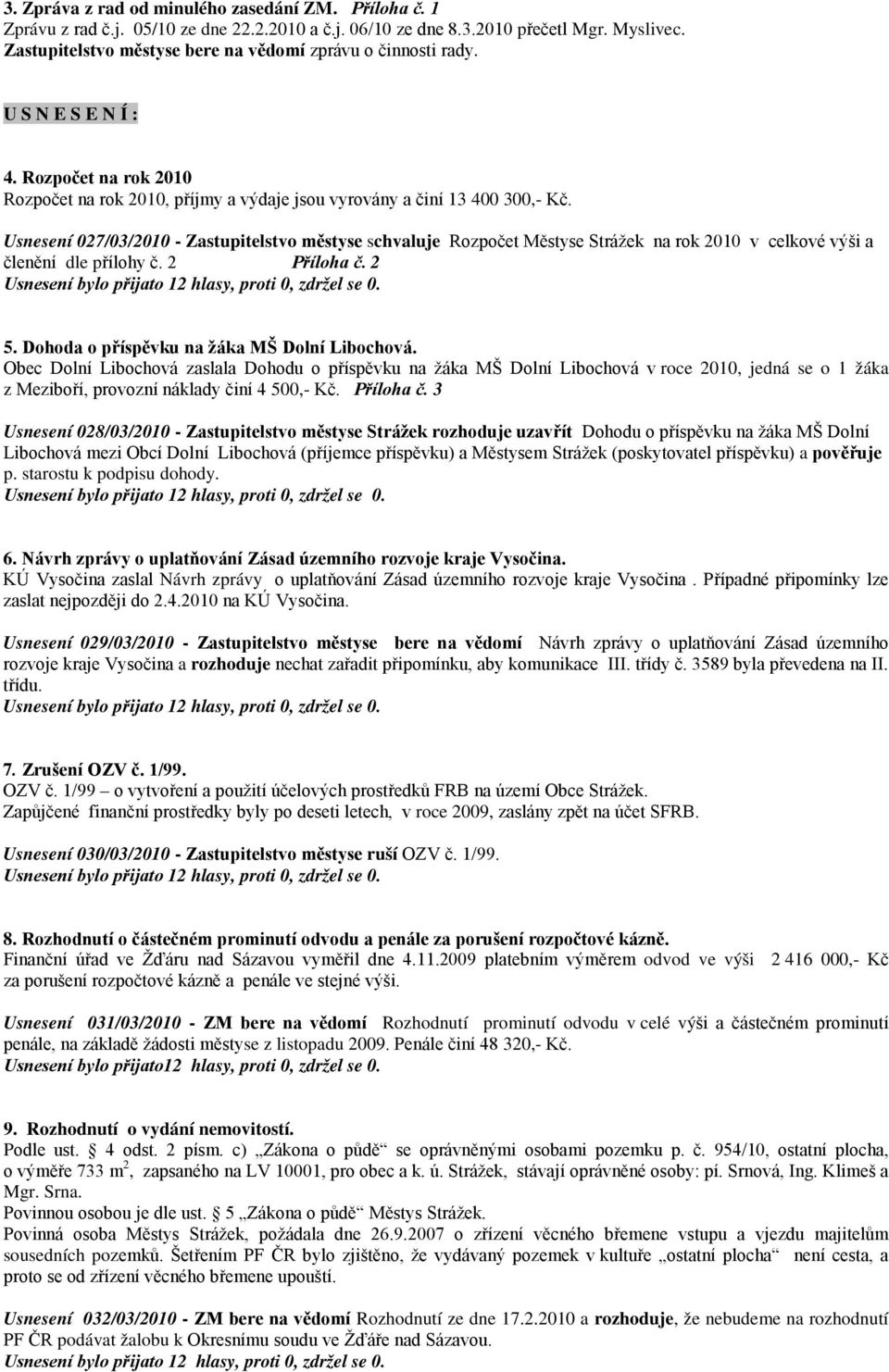 Usnesení 027/03/2010 - Zastupitelstvo městyse schvaluje Rozpočet Městyse Strážek na rok 2010 v celkové výši a členění dle přílohy č. 2 Příloha č. 2 5. Dohoda o příspěvku na žáka MŠ Dolní Libochová.