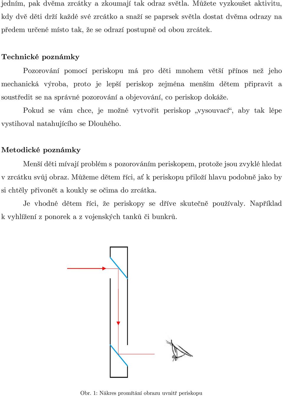 Technické poznámky Pozorování pomocí periskopu má pro děti mnohem větší přínos než jeho mechanická výroba, proto je lepší periskop zejména menším dětem připravit a soustředit se na správné pozorování