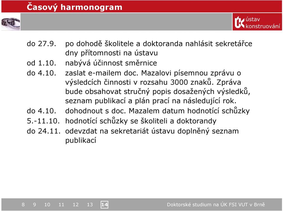 Zpráva bude obsahovat stručný popis dosažených výsledků, seznam publikací a plán prací na následující rok. do 4.10. dohodnout s doc.