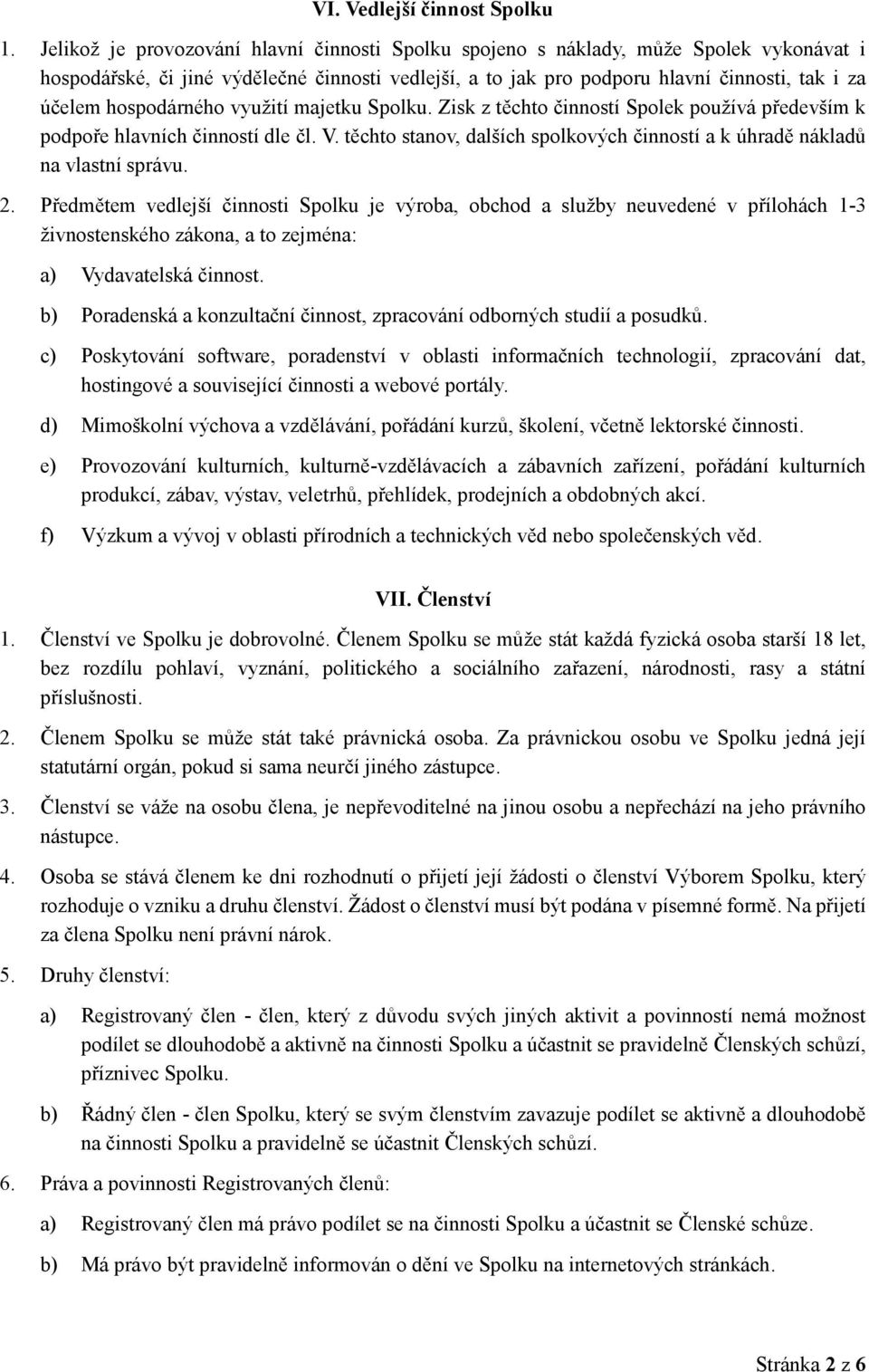 hospodárného využití majetku Spolku. Zisk z těchto činností Spolek používá především k podpoře hlavních činností dle čl. V.