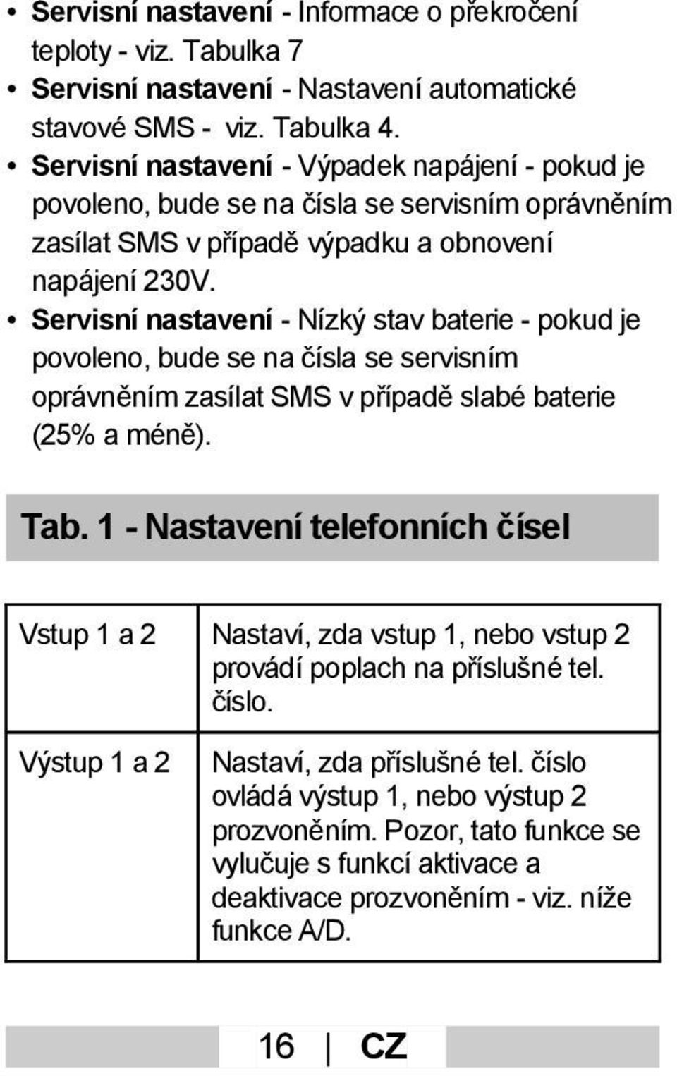 Servisní nastavení - Nízký stav baterie - pokud je povoleno, bude se na čísla se servisním oprávněním zasílat SMS v případě slabé baterie (25% a méně). Tab.