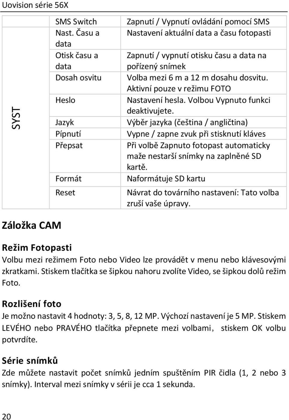 data na pořízený snímek Volba mezi 6 m a 12 m dosahu dosvitu. Aktivní pouze v režimu FOTO Nastavení hesla. Volbou Vypnuto funkci deaktivujete.