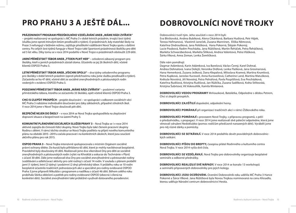 prodloužili o týden). O prázdninách, kdy mateřské školy na Praze 3 nefungují v běžném režimu, zajišťuje předškolní vzdělávání Nová Trojka spolu s dalšími centry.