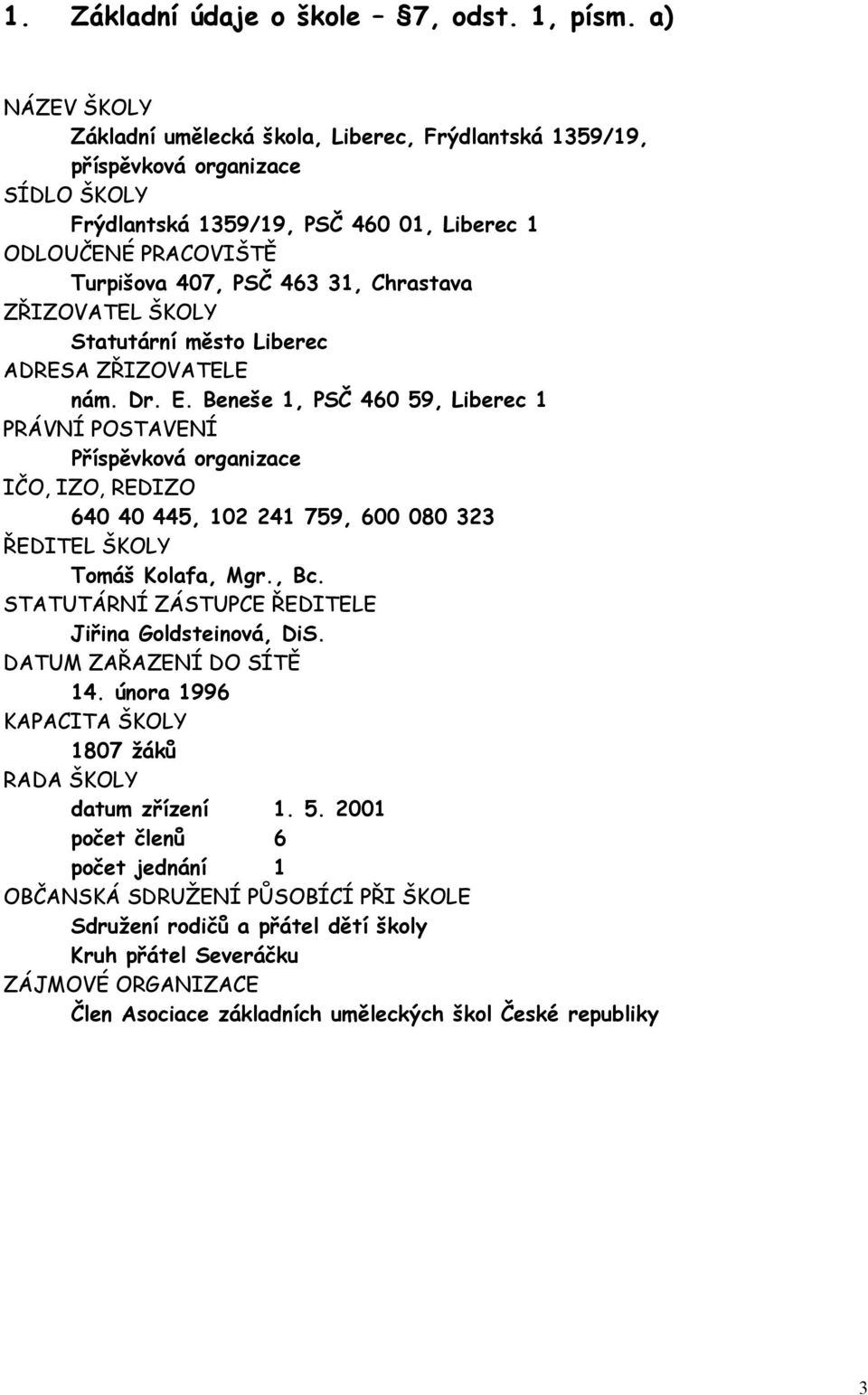 Chrastava ZŘIZOVATEL ŠKOLY Statutární město Liberec ADRESA ZŘIZOVATELE nám. Dr. E.