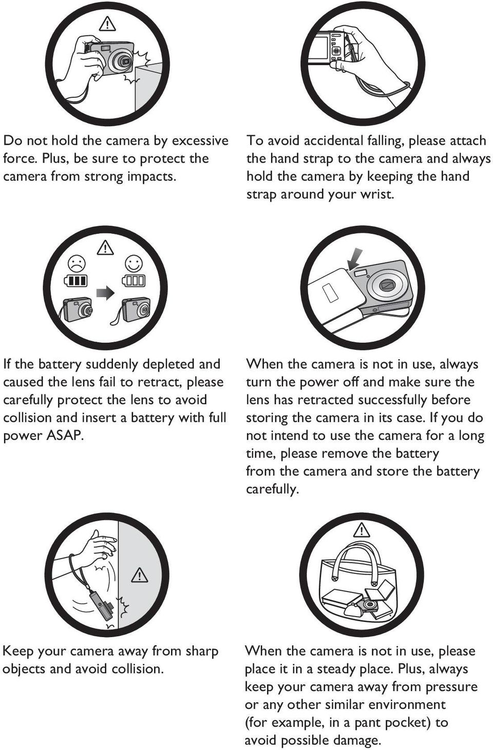 If the battery suddenly depleted and caused the lens fail to retract, please carefully protect the lens to avoid collision and insert a battery with full power ASAP.