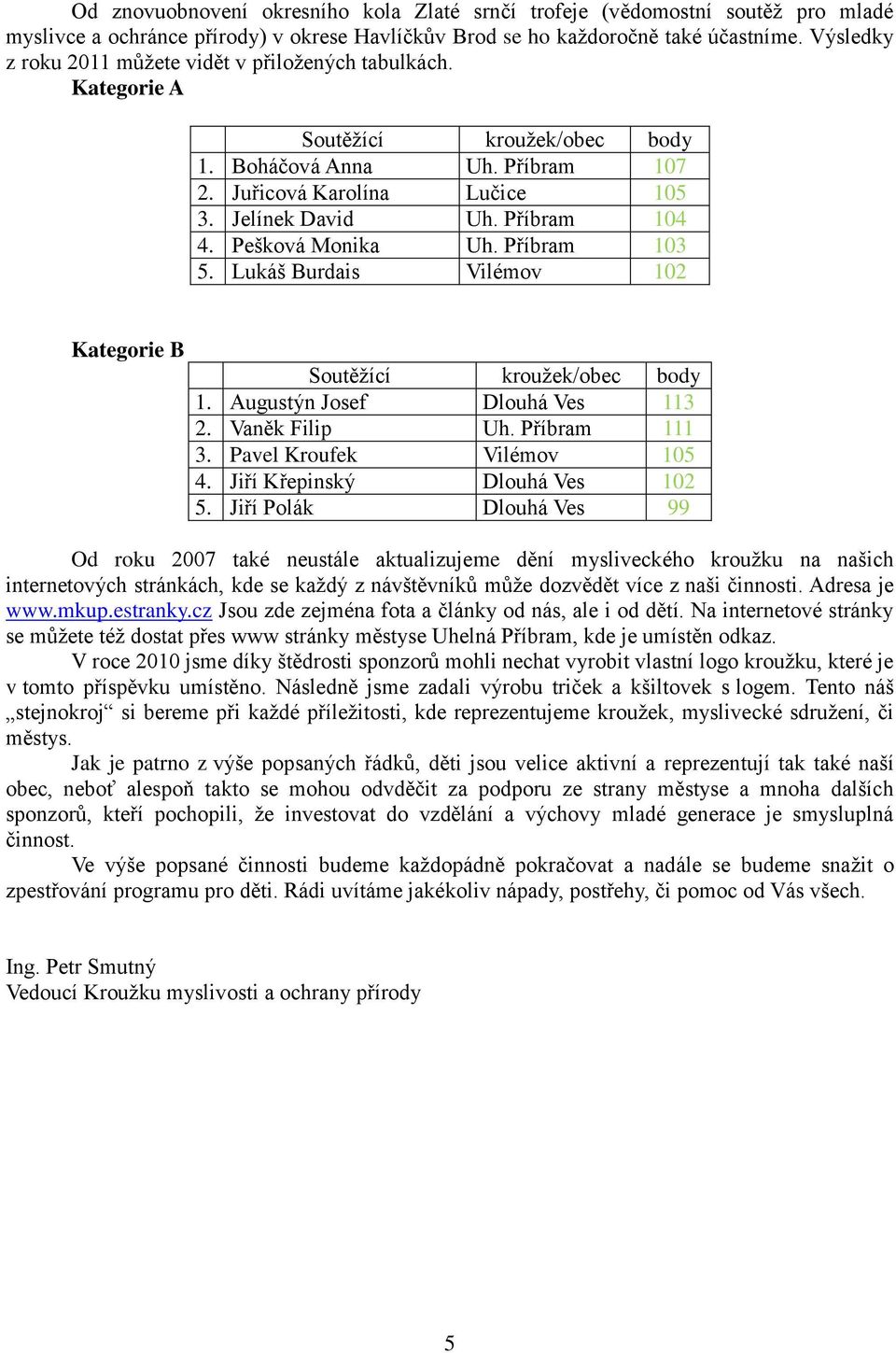 Pešková Monika Uh. Příbram 103 5. Lukáš Burdais Vilémov 102 Kategorie B Soutěţící krouţek/obec body 1. Augustýn Josef Dlouhá Ves 113 2. Vaněk Filip Uh. Příbram 111 3. Pavel Kroufek Vilémov 105 4.