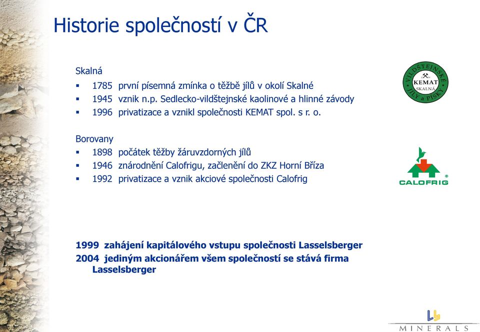 Borovany 1898 počátek těžby žáruvzdorných jílů 1946 znárodnění Calofrigu, začlenění do ZKZ Horní Bříza 1992 privatizace a