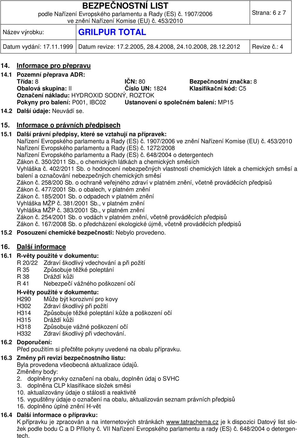 Ustanovení o společném balení: MP15 14.2 Další údaje: Neuvádí se. 15. Informace o právních předpisech 15.