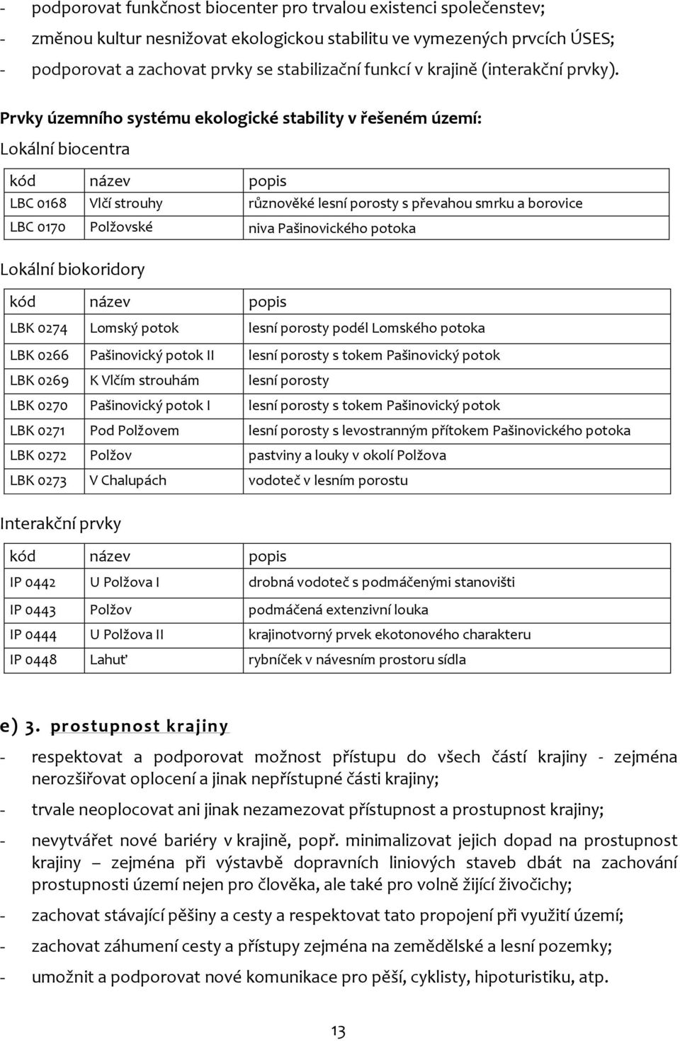 Prvky územního systému ekologické stability v řešeném území: Lokální biocentra kód název popis LBC 0168 Vlčí strouhy různověké lesní porosty s převahou smrku a borovice LBC 0170 Polžovské niva