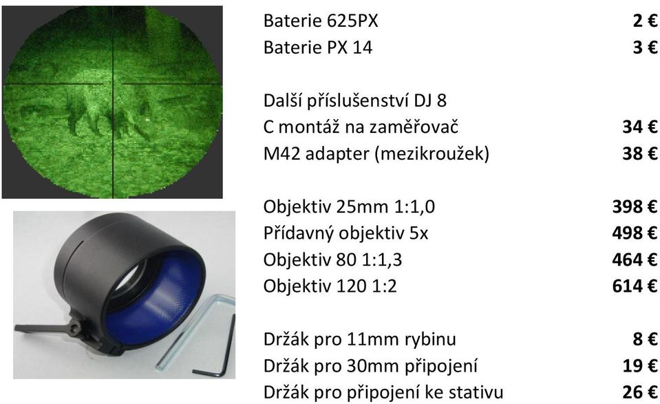 Přídavný objektiv 5x 498 Objektiv 80 1:1,3 464 Objektiv 120 1:2 614