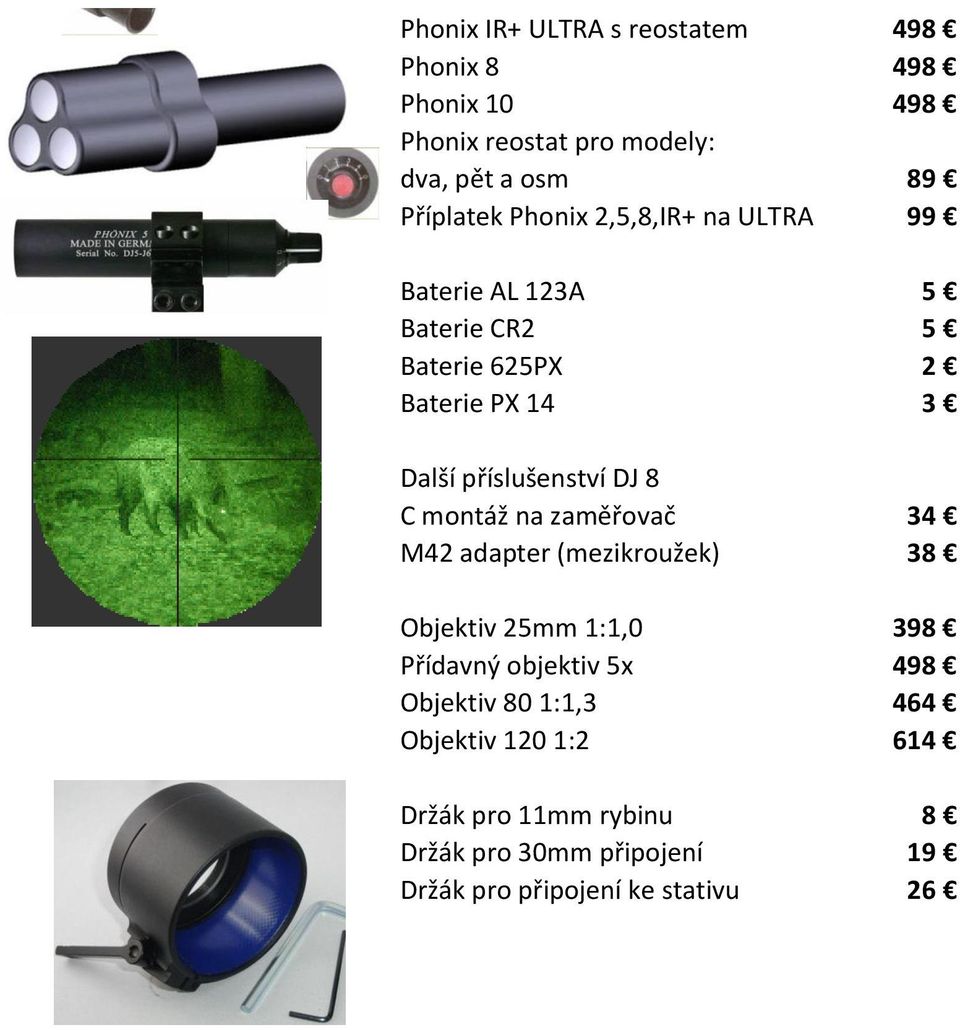 8 C montáž na zaměřovač 34 M42 adapter (mezikroužek) 38 Objektiv 25mm 1:1,0 398 Přídavný objektiv 5x 498 Objektiv