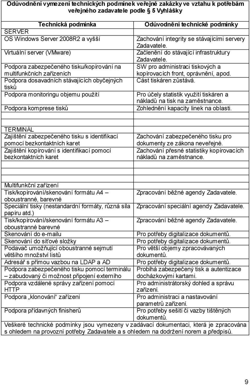 Zachování integrity se stávajícími servery Zadavatele. Začlenění do stávající infrastruktury Zadavatele. SW pro administraci tiskových a kopírovacích front, oprávnění, apod. Část tiskáren zůstává.