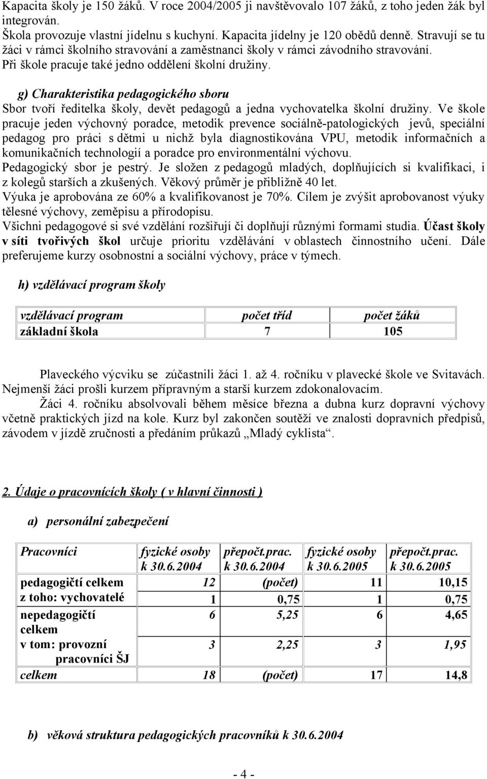 g) Charakteristika pedagogického sboru Sbor tvoří ředitelka školy, devět pedagogů a jedna vychovatelka školní družiny.