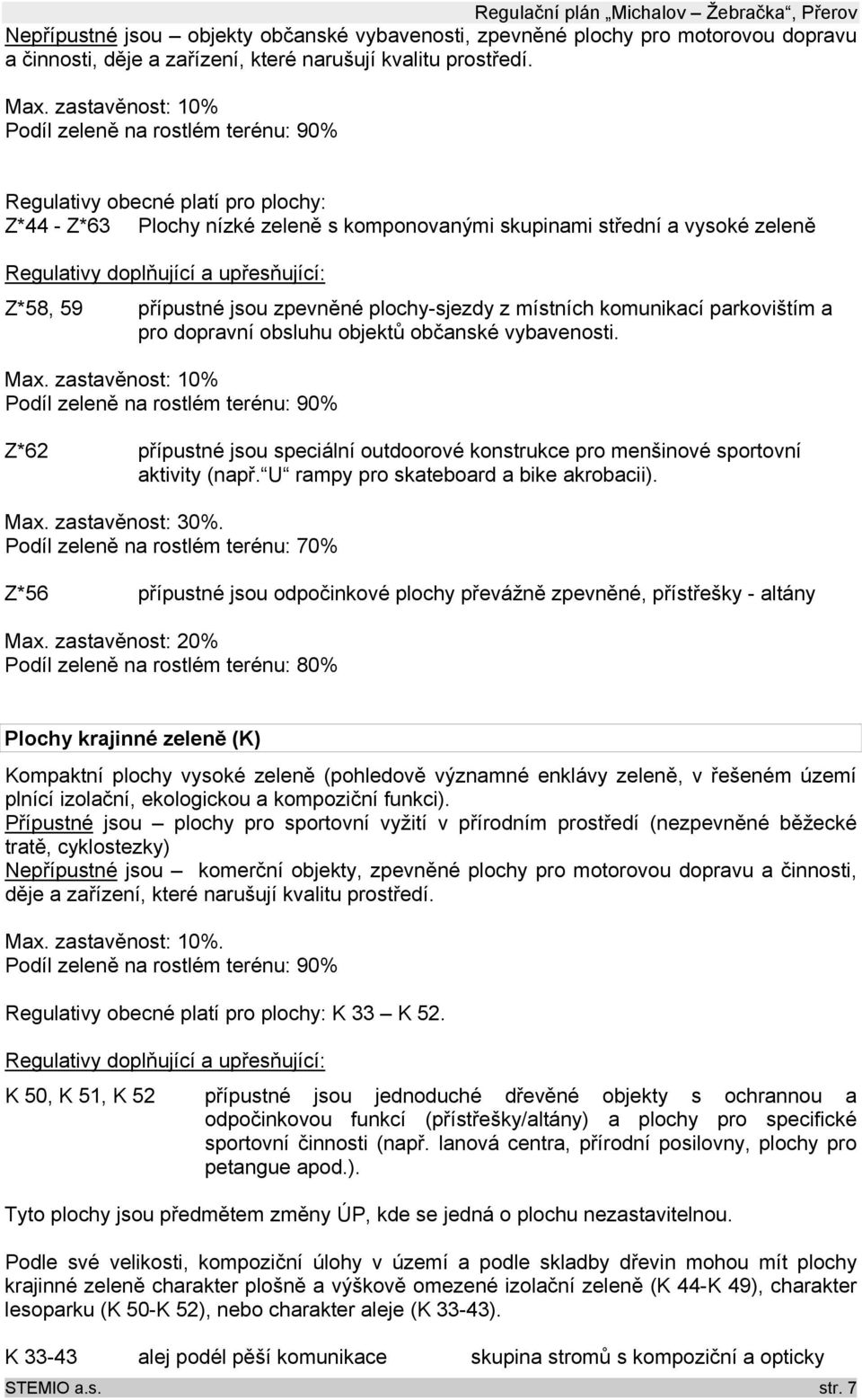 upřesňující: Z*58, 59 přípustné jsou zpevněné plochy-sjezdy z místních komunikací parkovištím a pro dopravní obsluhu objektů občanské vybavenosti. Max.