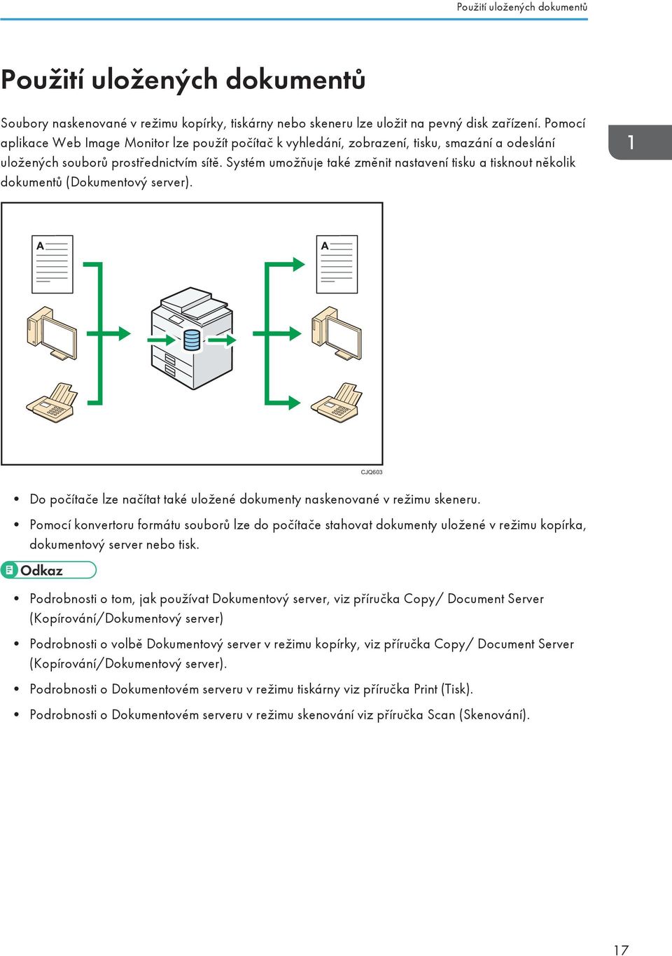 Systém umožňuje také změnit nastavení tisku a tisknout několik dokumentů (Dokumentový server). CJQ603 Do počítače lze načítat také uložené dokumenty naskenované v režimu skeneru.