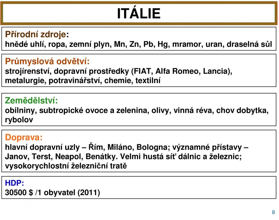 subtropické ovoce a zelenina, olivy, vinná réva, chov dobytka, rybolov Doprava: hlavní dopravní uzly Řím, Miláno, Bologna;