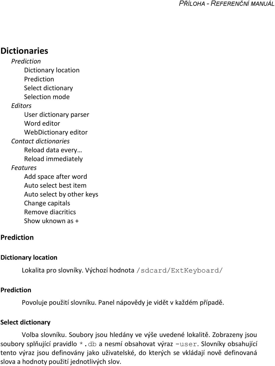 slovníky. Výchozí hodnota /sdcard/extkeyboard/ Povoluje použití slovníku. Panel nápovědy je vidět v každém případě. Select dictionary Volba slovníku. Soubory jsou hledány ve výše uvedené lokalitě.