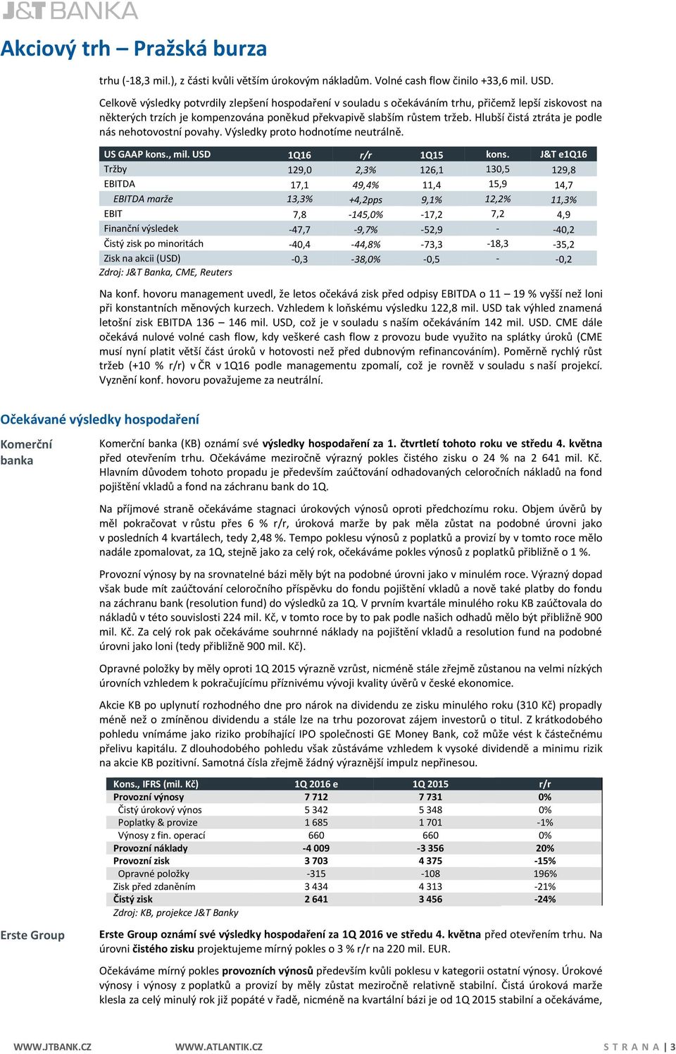 Hlubší čistá ztráta je podle nás nehotovostní povahy. Výsledky proto hodnotíme neutrálně. US GAAP kons., mil. USD 1Q16 r/r 1Q15 kons.