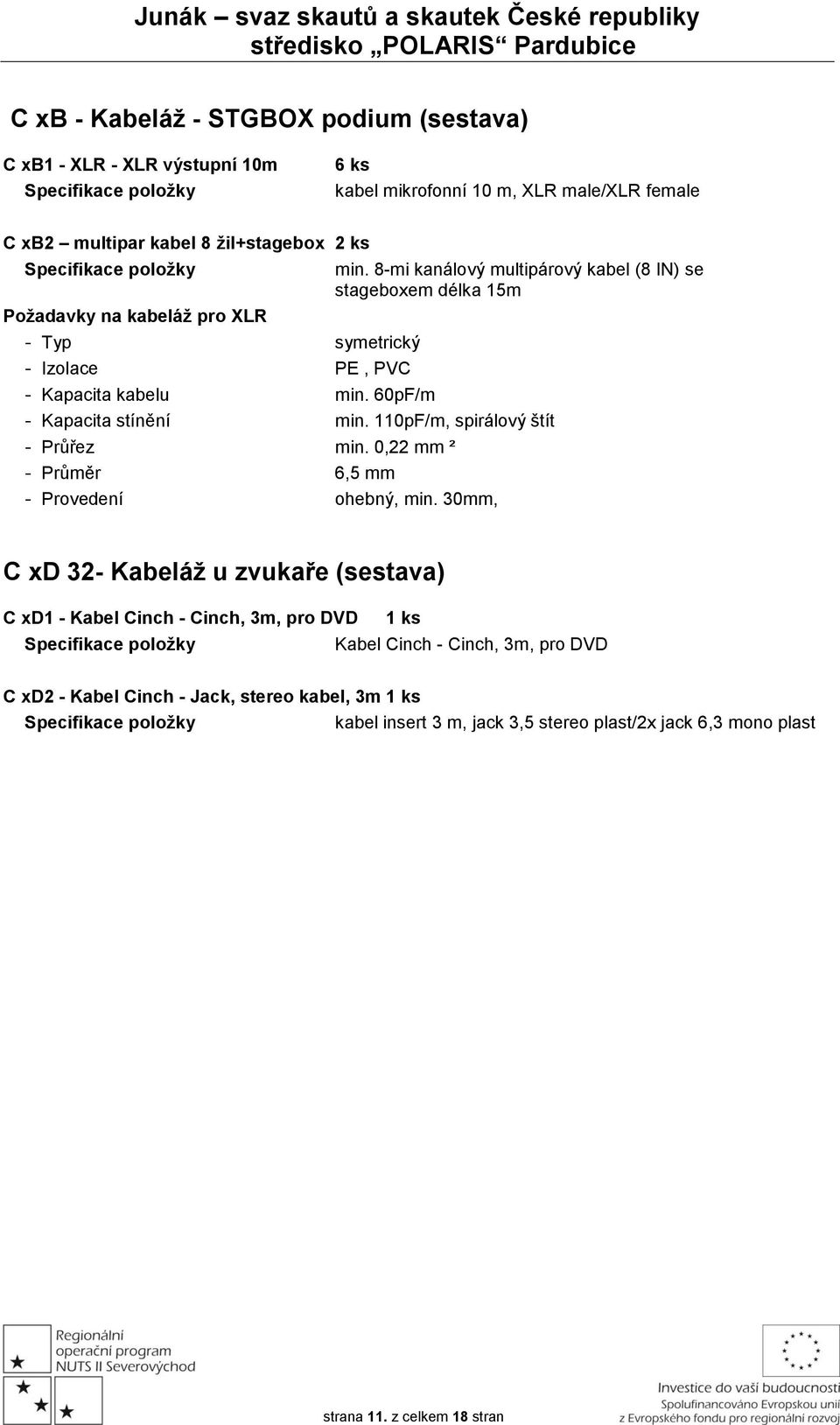 8-mi kanálový multipárový kabel (8 IN) se stageboxem délka 15m - Kapacita stínění min. 110pF/m, spirálový štít - Průřez min.