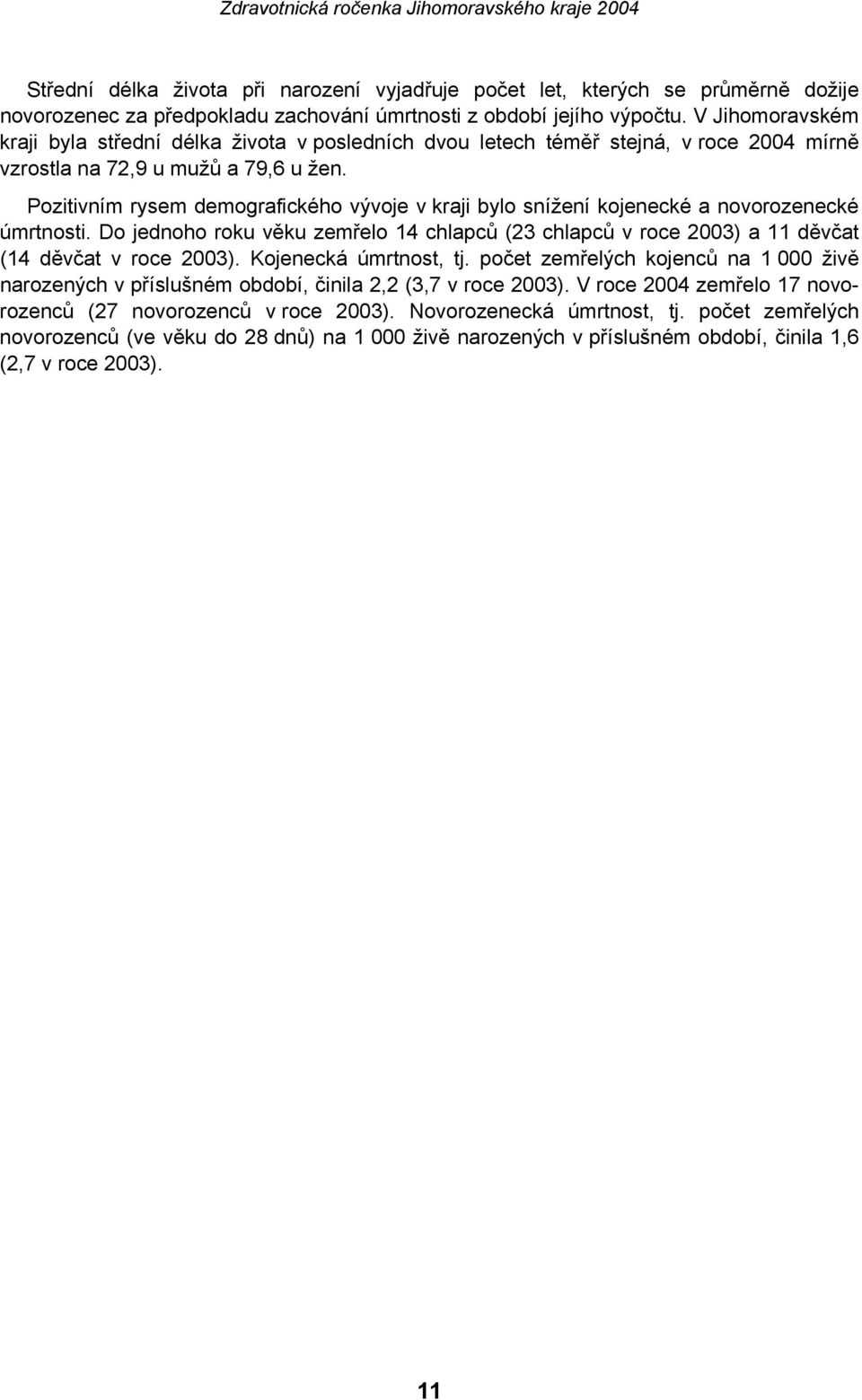 Pozitivním rysem demografického vývoje v kraji bylo snížení kojenecké a novorozenecké úmrtnosti. Do jednoho roku věku zemřelo 14 chlapců (23 chlapců v roce 2003) a 11 děvčat (14 děvčat v roce 2003).