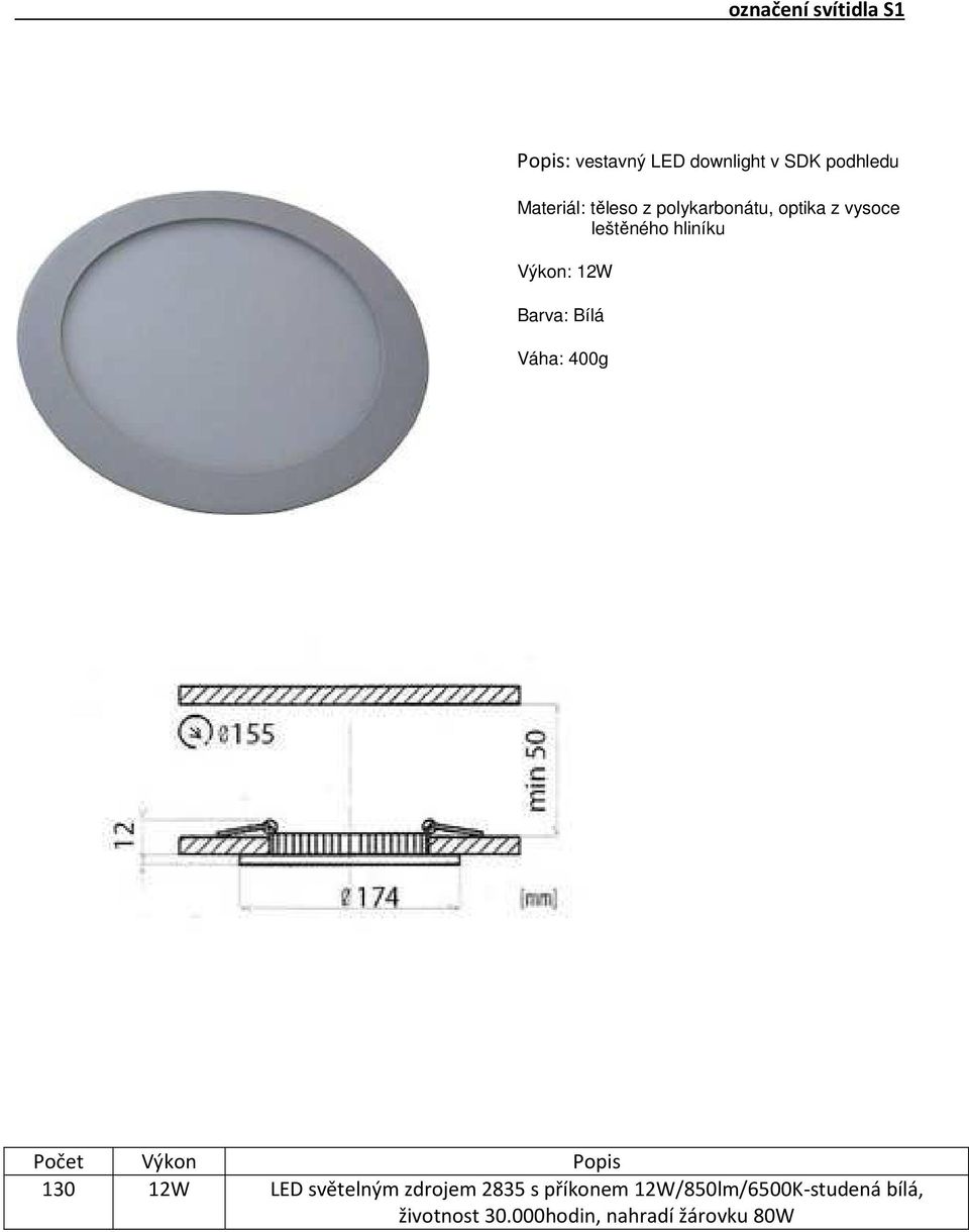 Výkon: 12W Váha: 400g Počet Výkon Popis 130 12W LED světelným zdrojem