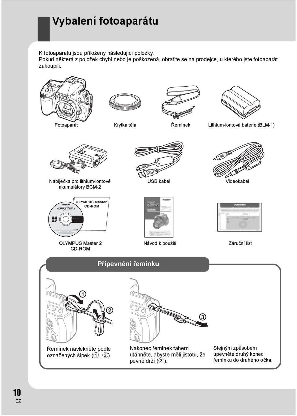 Fotoaparát Krytka těla Řemínek Lithium-iontová baterie (BLM-1) Nabíječka pro lithium-iontové akumulátory BCM-2 USB kabel Videokabel OLYMPUS