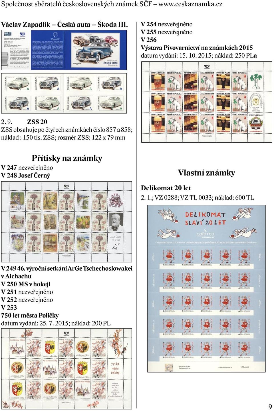 ZSS; rozměr ZSS: 122 x 79 mm Přítisky na známky V 247 nezveřejněno V 248 Josef Černý Vlastní známky Delikomat 20 let 2. 1.; VZ 0288; VZ TL 0033; náklad: 600 TL V 249 46.