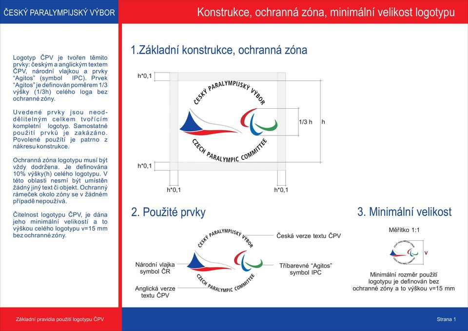 Samostatné použití prvků je zakázáno. Povolené použítí je patrno z nákresu konstrukce. 1/3 h h Ochranná zóna logotypu musí být vždy dodržena. Je definována 10% výšky(h) celého logotypu.