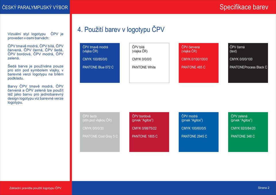 ČPV tmavě (vlajka ČR) modrá CMYK 100/85/0/0 ČPV bílá (vlajka ČR) CMYK 0/0/0/0 ČPV červená (vlajka ČR) CMYK 0/100/100/0 ČPV černá (text) CMYK 0/0/0/100 Šedá barva je používána pouze pro stín pod