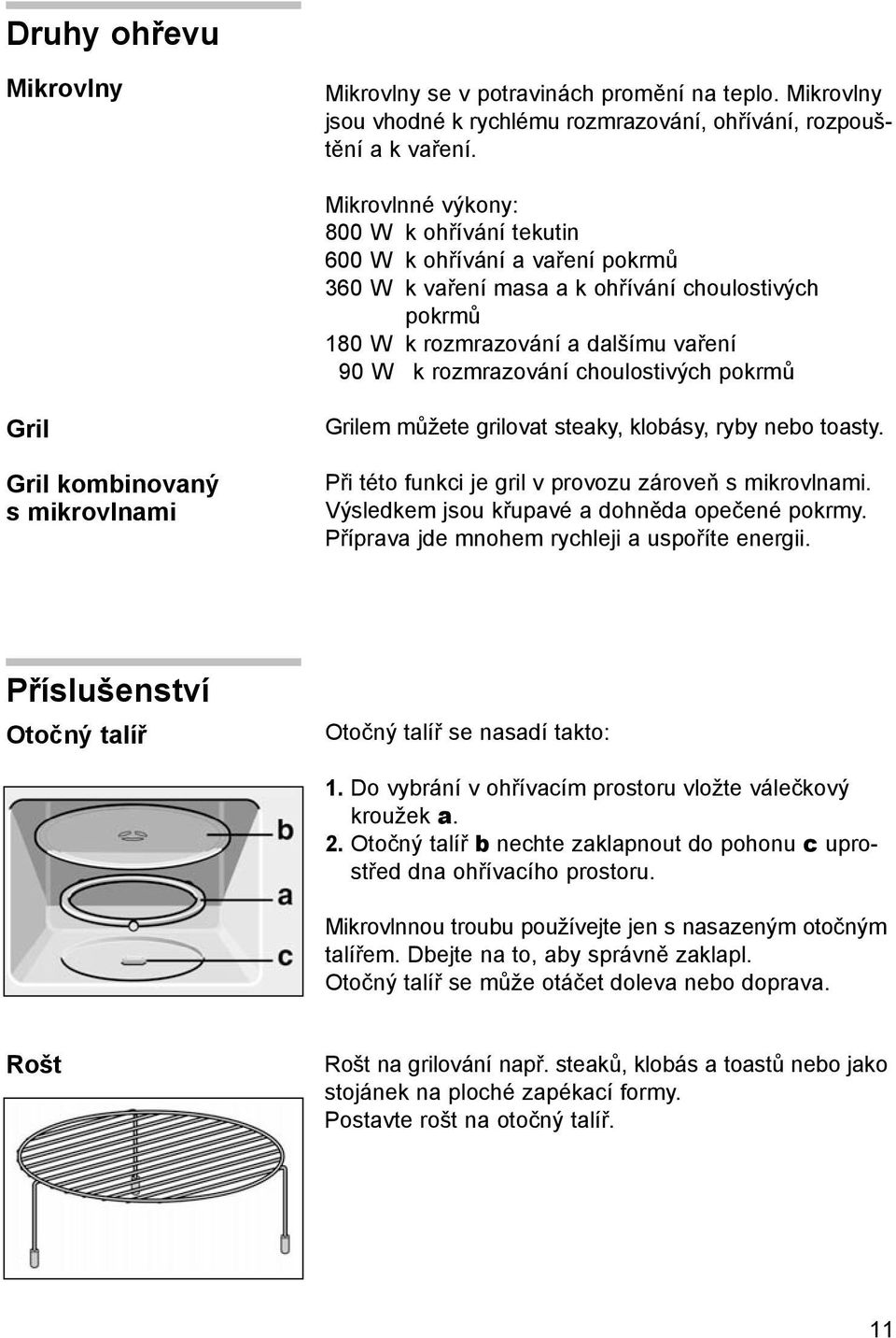 choulostivých pokrmů Gril Gril kombinovaný s mikrovlnami Grilem můžete grilovat steaky, klobásy, ryby nebo toasty. Při této funkci je gril v provozu zároveň s mikrovlnami.