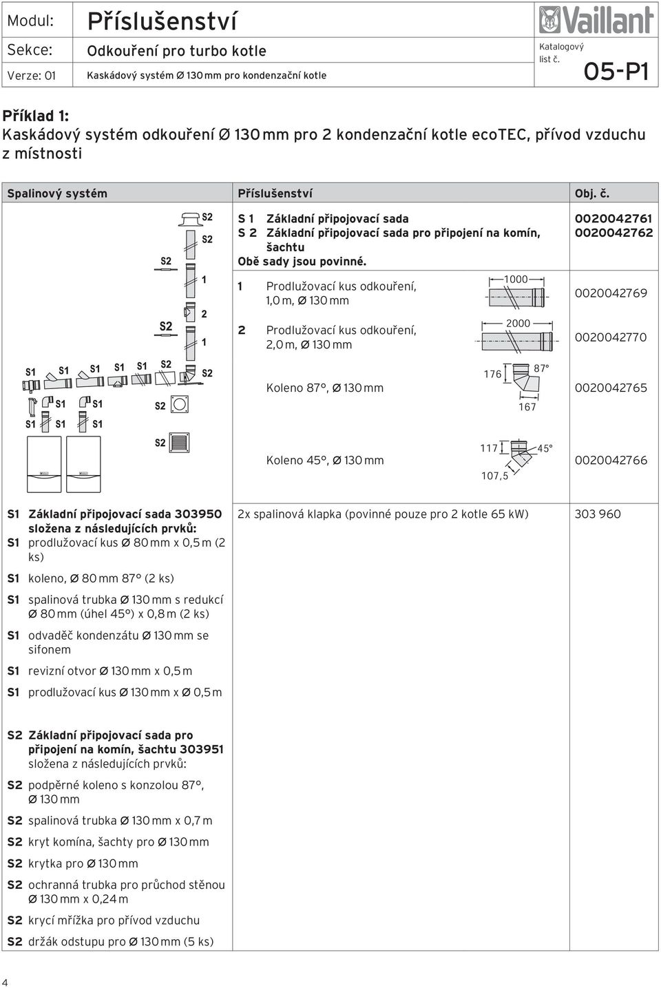 1 Prodlužovací kus odkouření, 1,0 m, Ø 130 mm 2 Prodlužovací kus odkouření, 2,0 m, Ø 130 mm Koleno 87, Ø 130 mm 0020042765 Koleno 45, Ø 130 mm 0020042766 S1 Základní připojovací sada 303950 S1