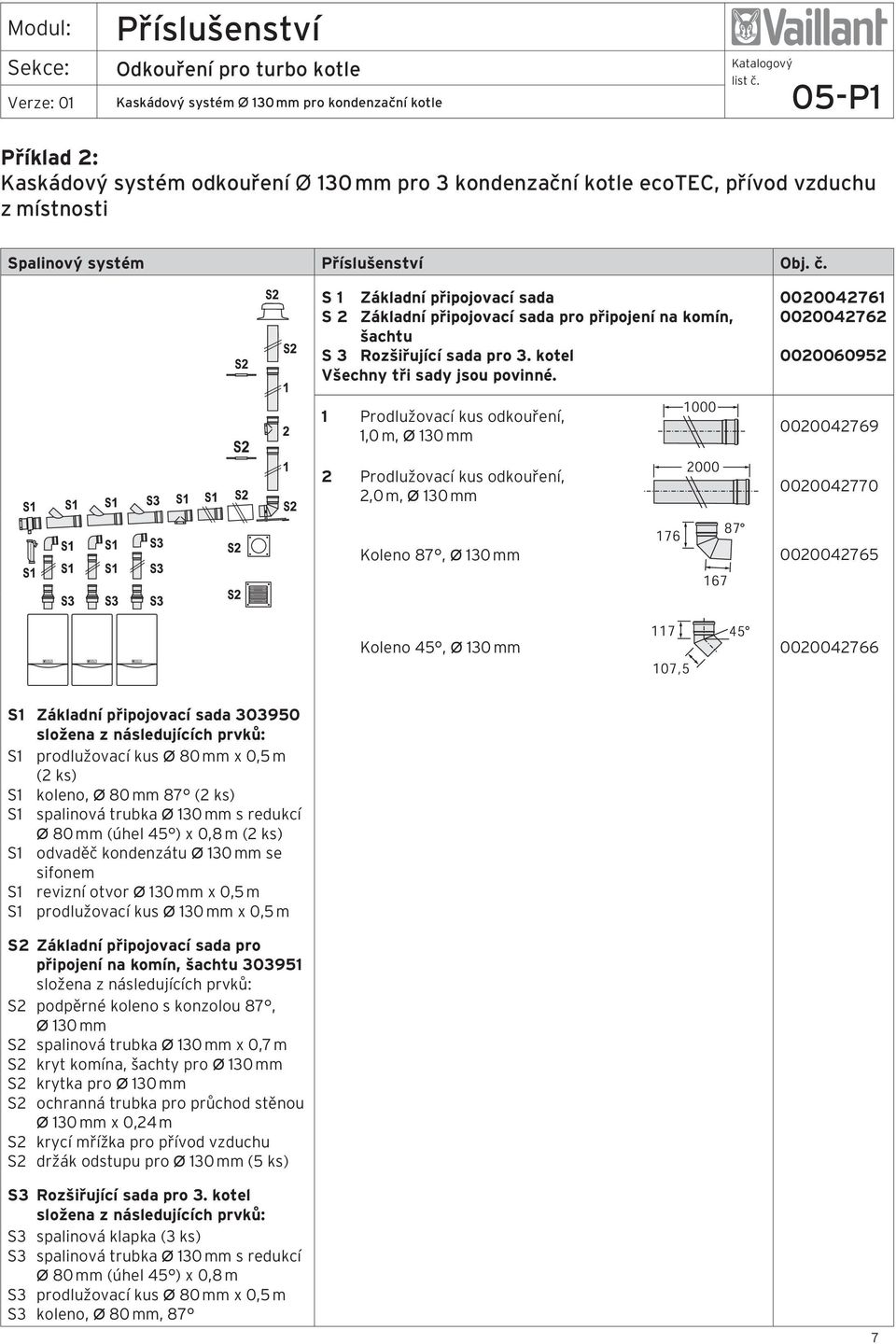 1 Prodlužovací kus odkouření, 1,0 m, Ø 130 mm 2 Prodlužovací kus odkouření, 2,0 m, Ø 130 mm 0020060952 Koleno 87, Ø 130 mm 0020042765 Koleno 45, Ø 130 mm 0020042766 S1 Základní připojovací sada