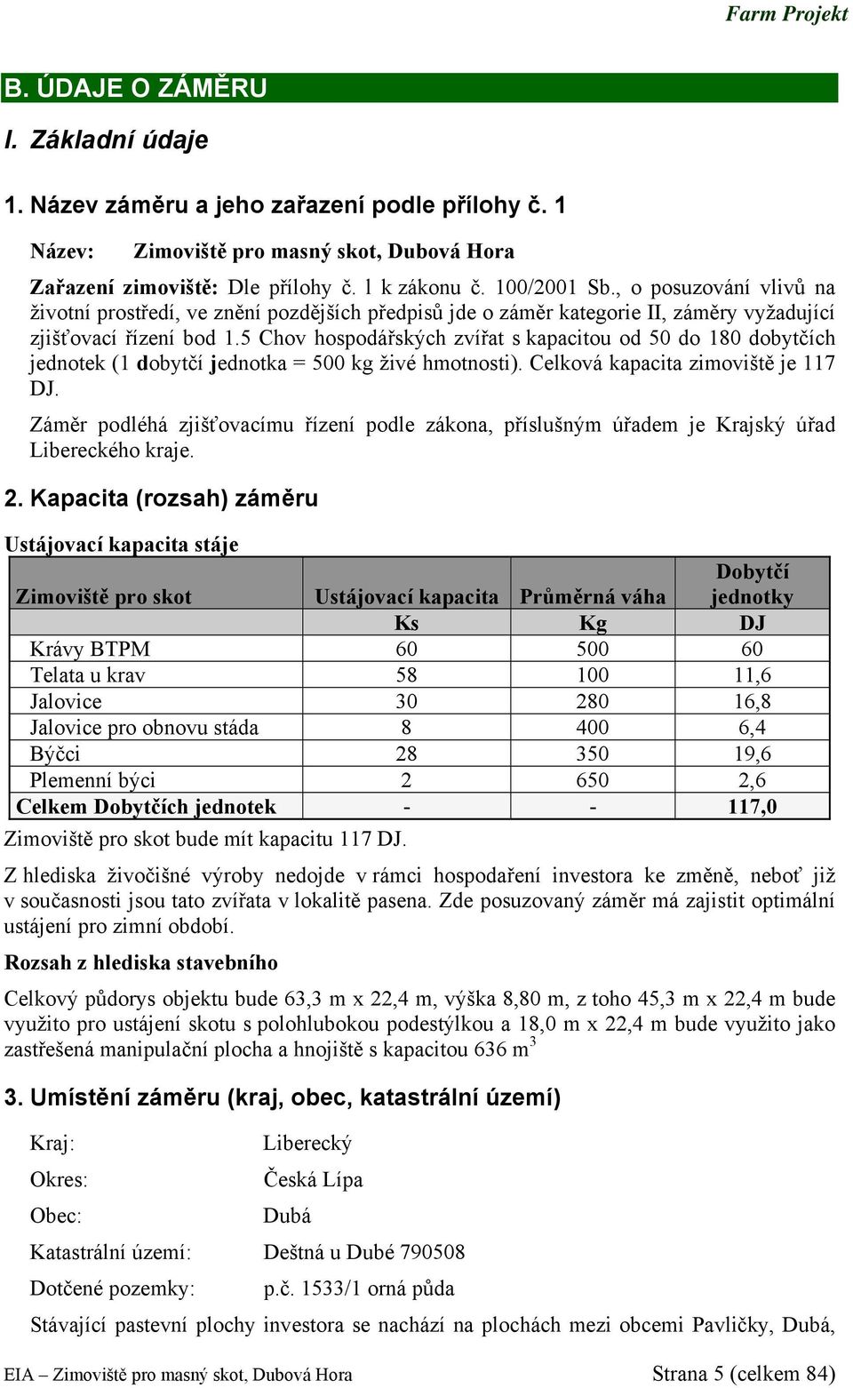 5 Chov hospodářských zvířat s kapacitou od 50 do 180 dobytčích jednotek (1 dobytčí jednotka = 500 kg živé hmotnosti). Celková kapacita zimoviště je 117 DJ.