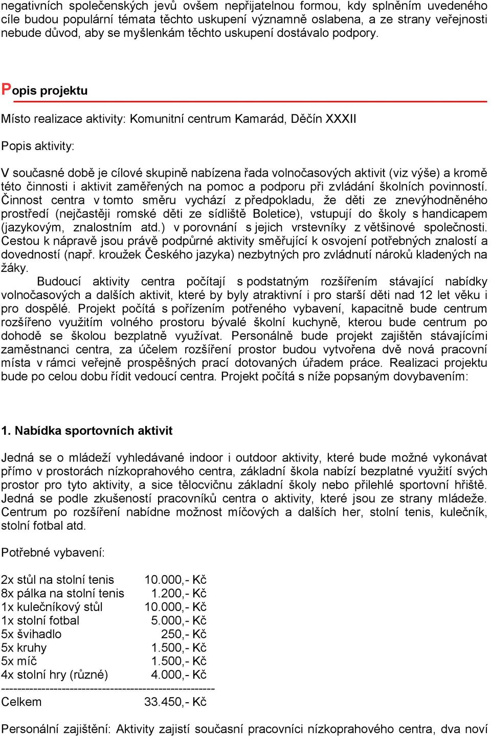 Popis projektu Místo realizace aktivity: Komunitní centrum Kamarád, Děčín XXXII Popis aktivity: V současné době je cílové skupině nabízena řada volnočasových aktivit (viz výše) a kromě této činnosti