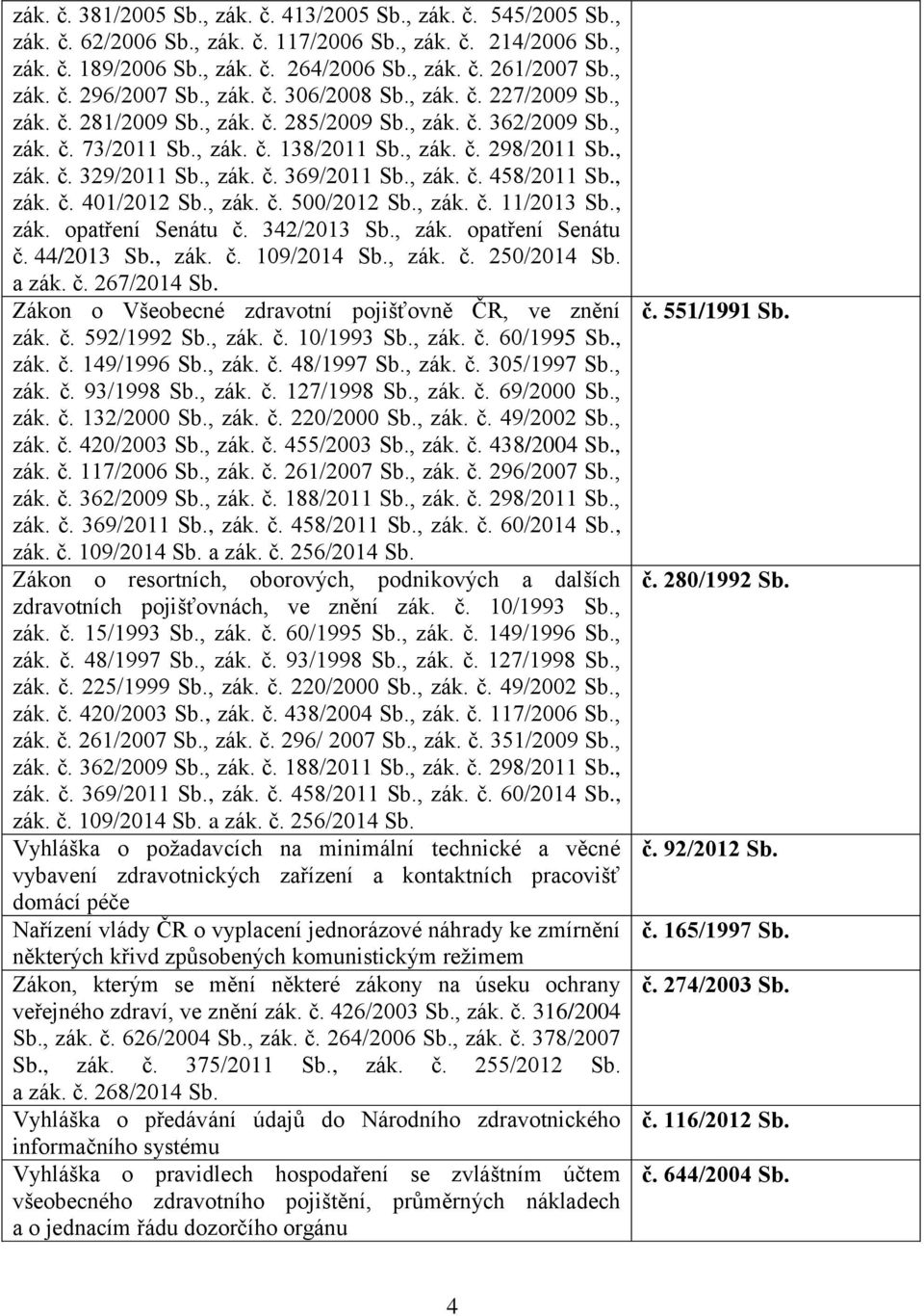 č. 11/2013, zák. opatření Senátu č. 342/2013, zák. opatření Senátu č. 44/2013, zák. č. 109/2014, zák. č. 250/2014 a zák. č. 267/2014 Zákon o Všeobecné zdravotní pojišťovně ČR, ve znění zák. č. 592/1992, zák.