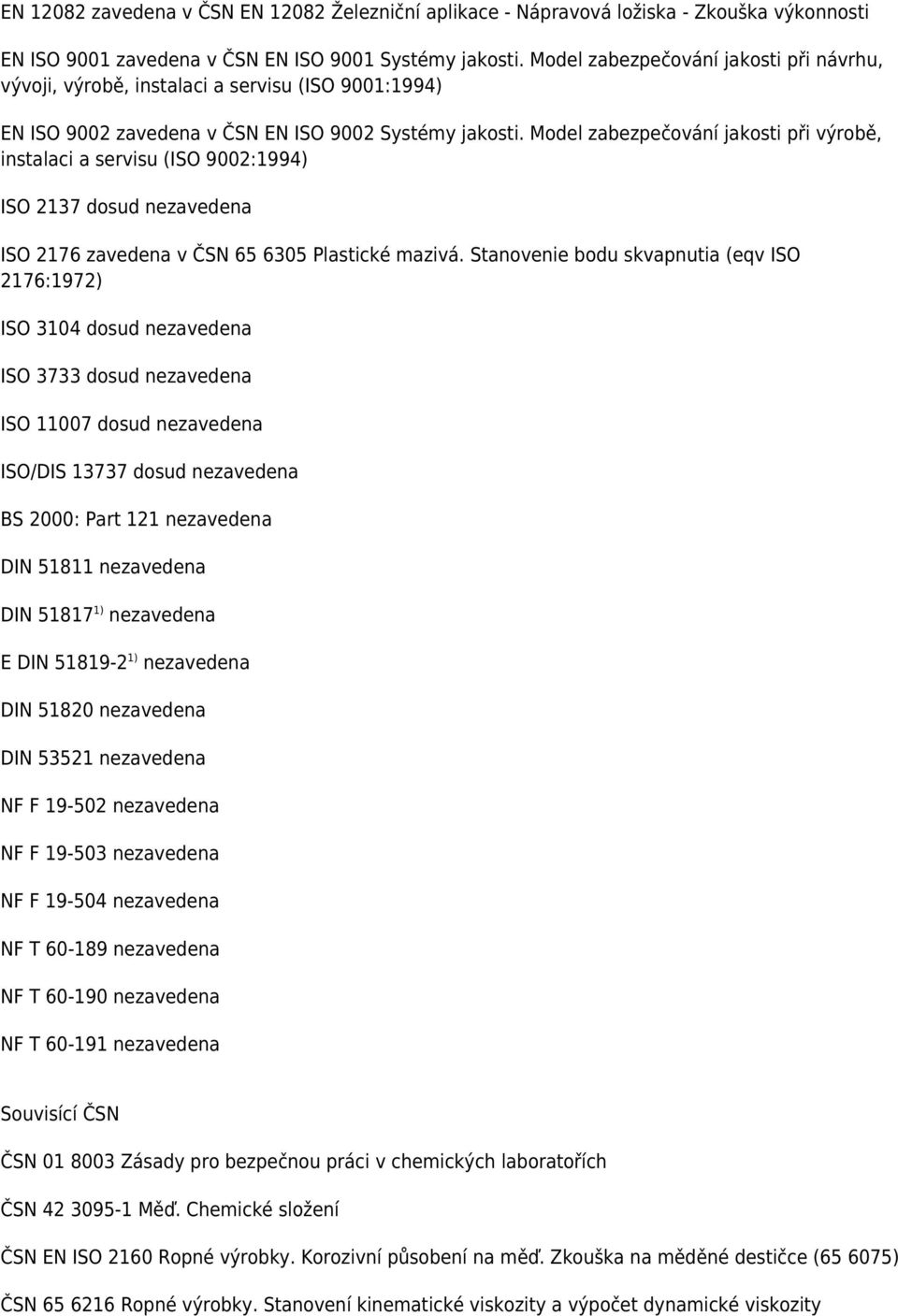 Model zabezpečování jakosti při výrobě, instalaci a servisu (ISO 9002:1994) ISO 2137 dosud nezavedena ISO 2176 zavedena v ČSN 65 6305 Plastické mazivá.