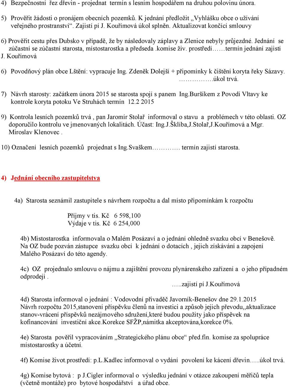 Aktualizovat končící smlouvy 6) Prověřit cestu přes Dubsko v případě, že by následovaly záplavy a Zlenice nebyly průjezdné. Jednání se zúčastní se zúčastní starosta, místostarostka a předseda.